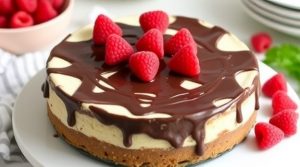 Пошаговый рецепт чизкейка с шоколадом и малиной.