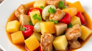 Свинина с ананасами и перцем в соусе: пошаговый рецепт.