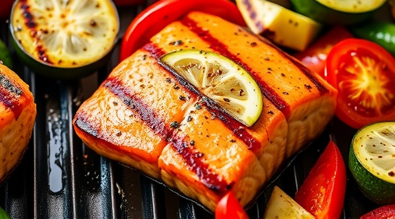 Стейки из лосося с овощами на гриле: пошаговый рецепт.