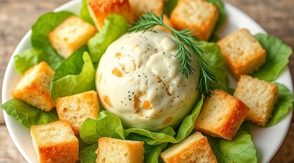 Пошаговый рецепт: Салат с сырными шариками и сухариками