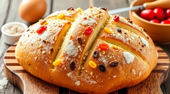 Пошаговый рецепт “Кулича” с изюмом и цукатами.