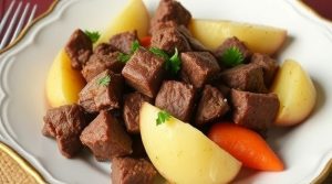 Тушеная говядина с картофельными дольками: пошаговый рецепт.