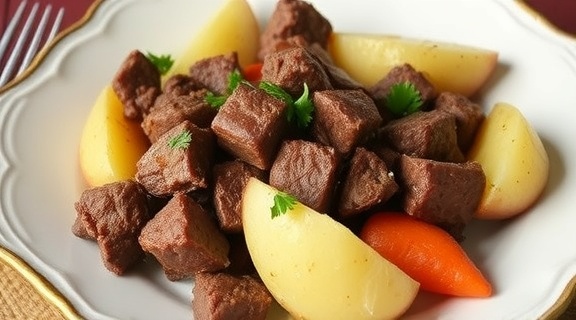 Тушеная говядина с картофельными дольками: пошаговый рецепт.
