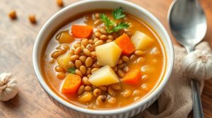 Пошаговый рецепт супа с картофелем и чечевицей.