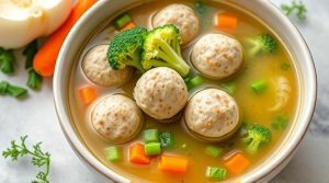 Пошаговый рецепт супа с брокколи и куриными фрикадельками.