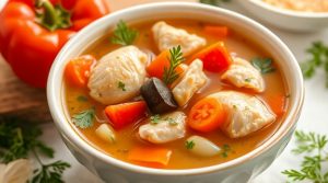 Пошаговый рецепт куриного супа с перцем и баклажанами.