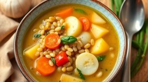 Пошаговый рецепт супа с перловкой и овощами.