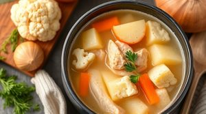 Пошаговый рецепт супа с цветной капустой и курицей.