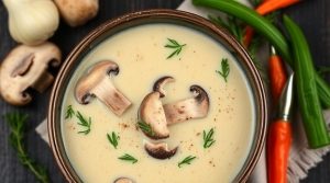 Пошаговый рецепт крем-супа из шампиньонов с пряными травами.