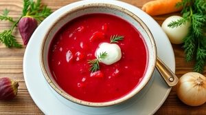 Пошаговый рецепт свекольного супа с картофелем и укропом.