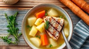 Пошаговый рецепт супа с копченой рыбой и картошкой.