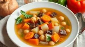 Пошаговый рецепт овощного супа с нутом и пряными травами.