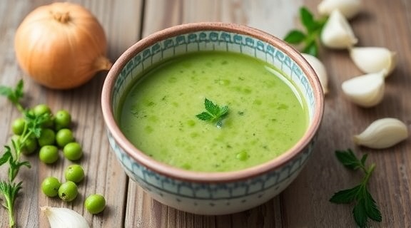 Пошаговый рецепт супа с горохом и мятой.