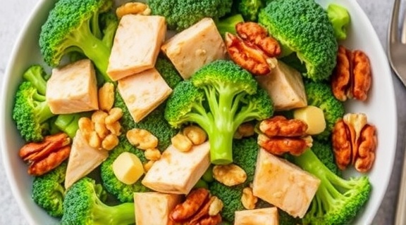 Салат с курицей, брокколи и грецкими орехами: полезное и сытное блюдо.