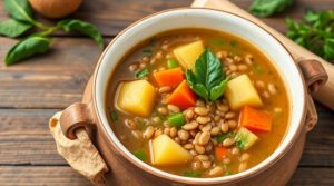 Пошаговый рецепт овощного супа с чечевицей и зелеными перцами.