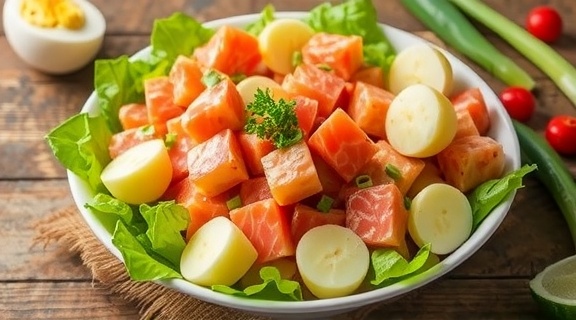 Салат с красной рыбой и картофелем: сытный вариант для праздника.