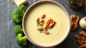 Пошаговый рецепт крем-супа из брокколи с сыром и грецкими орехами.