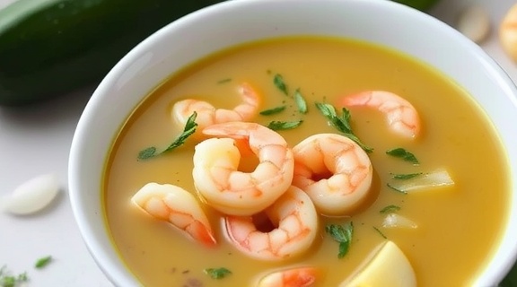 Пошаговый рецепт супа с кабачками и креветками.