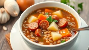 Пошаговый рецепт супа с чечевицей и копчёными колбасками.