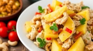 Салат с курицей, ананасами и орехами: тропический вкус для любого праздника.