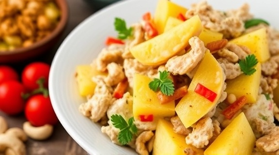 Салат с курицей, ананасами и орехами: тропический вкус для любого праздника.
