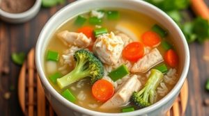 Пошаговый рецепт куриного супа с рисом и зелеными овощами.