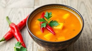 Пошаговый рецепт остро-сладкого супа с перцем чили и манго.