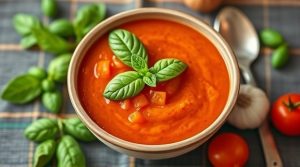 Пошаговый рецепт томатного супа с базиликом и чесноком.