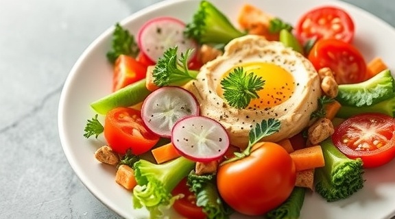 Салат с хумусом и овощами: вегетарианский вариант для перекуса.