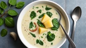 Пошаговый рецепт супа из шпината с картофелем и сливками.