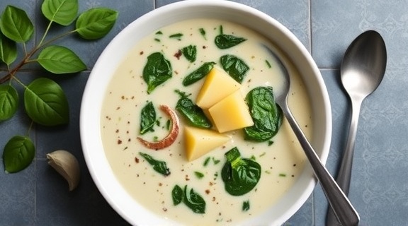 Пошаговый рецепт супа из шпината с картофелем и сливками.