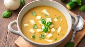 Пошаговый рецепт супа из кабачков с сыром и базиликом.