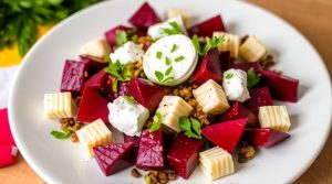Салат с свеклой и козьим сыром: яркое и изысканное блюдо для гостей.