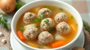 Пошаговый рецепт супа с фрикадельками из индейки и зеленью.
