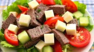 Салат с говядиной и овощами: сытный вариант для обеда.