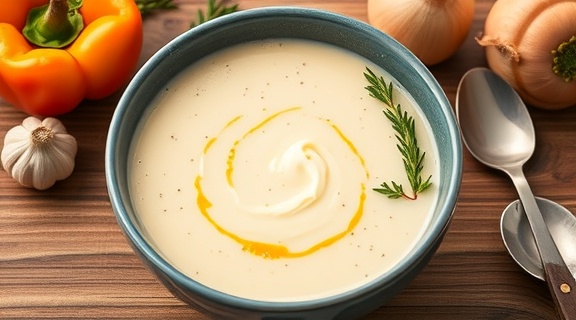 Пошаговый рецепт крем-супа из перца с чесноком и оливковым маслом.