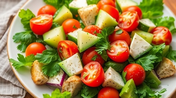 Салат с ржаным хлебом и овощами: хрустящее угощение для ценителей.