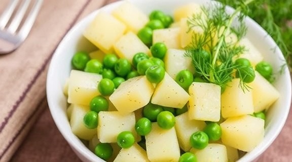 Салат с картошкой, зеленым горошком и укропом: классика на каждый день.
