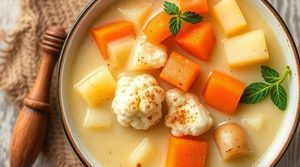 Пошаговый рецепт супа из цветной капусты и картофеля с пряностями.