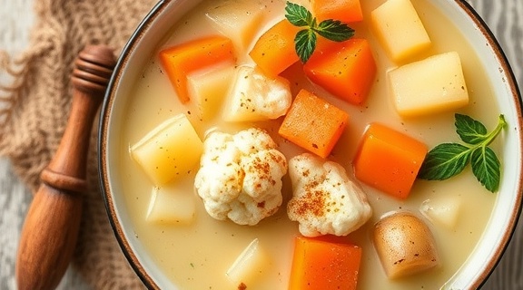 Пошаговый рецепт супа из цветной капусты и картофеля с пряностями.