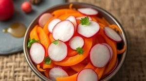 Салат с редькой, морковью и медом: остро-сладкий перекус.