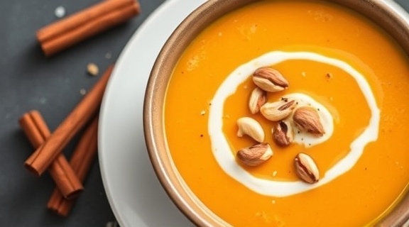 Пошаговый рецепт супа из тыквы с орехами и корицей.