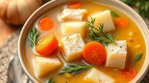 Пошаговый рецепт супа с рыбой и овощами.