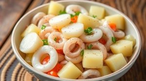Салат с кальмарами и картофелем: морская свежесть в каждой порции.