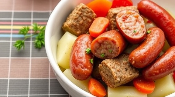 Тушеная свинина с картофелем и копчеными колбасками: пошаговое руководство.