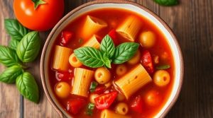 Пошаговый рецепт томатного супа с пастой и базиликом.