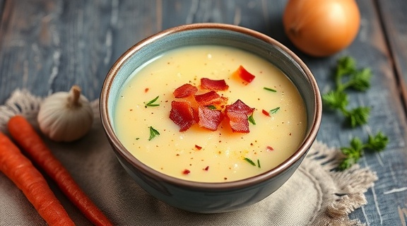 Пошаговый рецепт картофельного супа с беконом и луком.