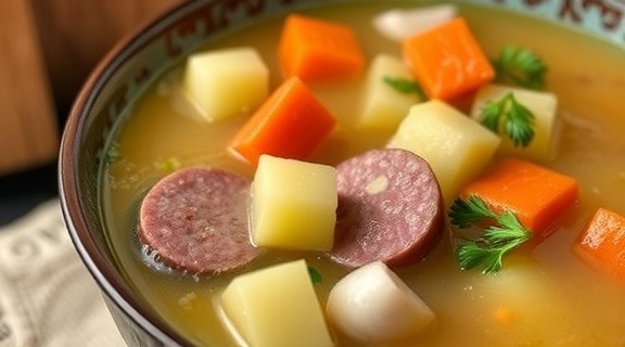 Пошаговый рецепт супа с картофелем и копченой колбасой.