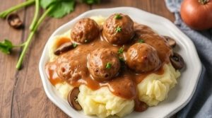 Мясные шарики с картофельным пюре и грибным соусом: пошаговое руководство.