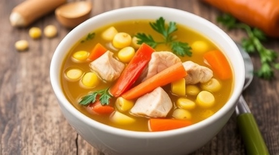 Пошаговый рецепт куриного супа с кукурузой и сладким перцем.